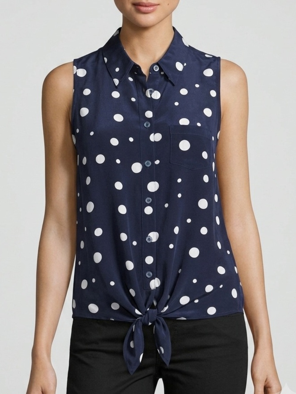 Equipment 100% Silk Polka Dot Tie Front Sleeveless Blouse Work S⁠